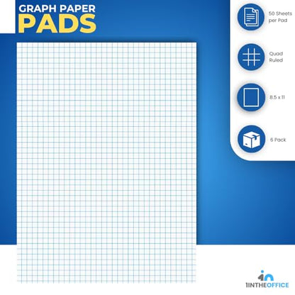 1InTheOffice Graph Paper Pad, Graphing Paper, Graph Paper Loose Leaf, Graph Paper Pads 8.5 x 11, Quad Ruled, 50 Sheets/Pad, 6 Pack
