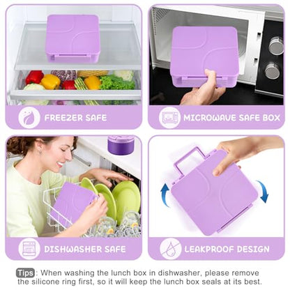 MAXSO Bento Lunch Box Set for Kids with 8 oz Soup Thermo, Leakproof Hot Food Container with 4 Compartments, Insulated Food Jar for Toddler Daycare Boys Girls School - Purple - color: Purple