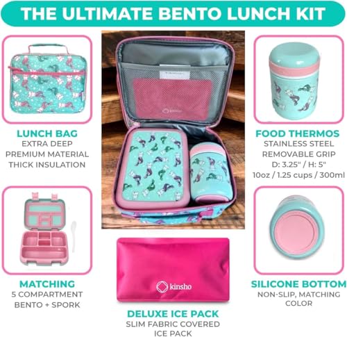 Bento Box with Stainless Steel Food Thermo for Hot Food or Soup, Insulated Lunch Bag, and Ice Pack Set for Kids Girl Toddlers. Ages 3 to 7 Pink Aqua Cat Mermaid - color: Cat Mermaid