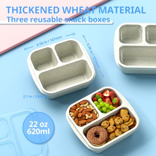 Snack Boxes (3 Pack) - Stackable Bento Boxes with 3 Compartments, Meal Prep Containers Reusable, Lightweight Lunch Containers for Kids and Adults, BPA Free (Off White) - color: Off White