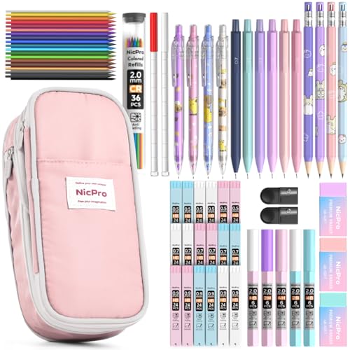 Nicpro 45PCS Mechanical Pencils with 462 Lead Refills (Pink) | 0.5mm-2.0mm Cute Mechanical Pencil Pet, School Supplies Stationary Set with Pencil Case for Girl Note-Taking & Back to School - size: 47 PCS