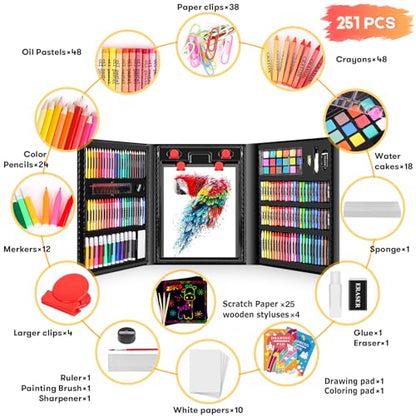 iBayam Art Kit, 251-Pack Art Supplies Drawing Kits, Arts and Crafts Gifts Box for Adult, Art Set Case with Trifold Easel, Scratch Paper, Sketch Pad, Coloring Book, Crayons, Pencils - color: Black