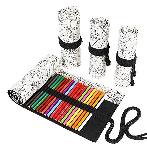 Funny live 24/36/48/72 Slots Colored Pencil Wrap Roll up Pen Holder Case Drawing Coloring Pencil Roll Organizer Stationery Case for Student Artist Traveler (Abstract Lines, 24 Slots) - color: Abstract Lines, size: 24 Slots