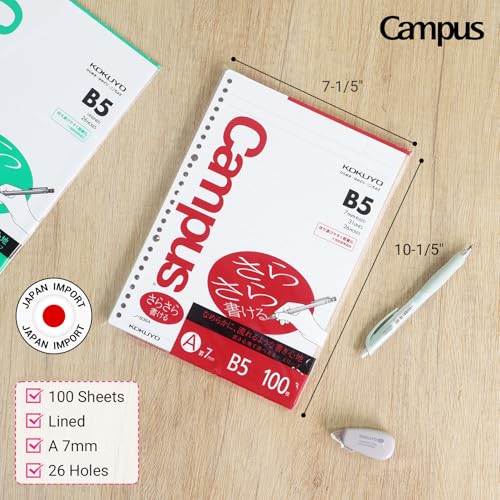 Kokuyo Campus Loose Leaf Paper for Binders, Sarasara Smooth Writing, B5, A 7mm Ruled, 26 Holes, 31 Lines, 100 Sheets, pH Neutral, Bleed Resistant, 75gsm, Pack of 3 (NO-836A)