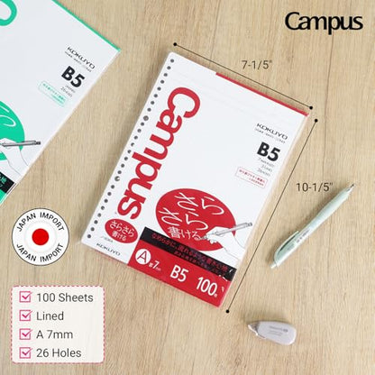 Kokuyo Campus Loose Leaf Paper for Binders, Sarasara Smooth Writing, B5, A 7mm Ruled, 26 Holes, 31 Lines, 100 Sheets, pH Neutral, Bleed Resistant, 75gsm, Pack of 3 (NO-836A)