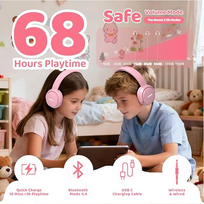 MIDOLA Headphones for Kids Bluetooth 5.4 Wireless 68H Play Time Volume Limit 85/94dB Over-Ear Foldable Headset,with Mic Wired Aux for Toddler Child Boy Girl School Pad Tablet Pink - color: Pink