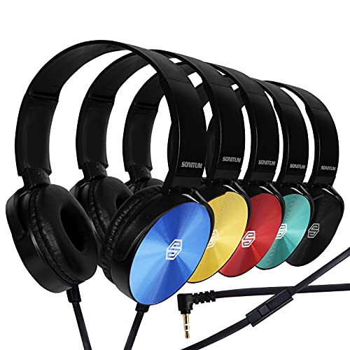 Premium Classroom Headphone with Microphone (5 Pack) - Kids Wired Earphones with Mic for School Students K-12 & Teachers, Soft Swivel On Ear Pads- Perfect for E-Learning, Meetings, Calls -(Colorful) - color: 5-Pack colored