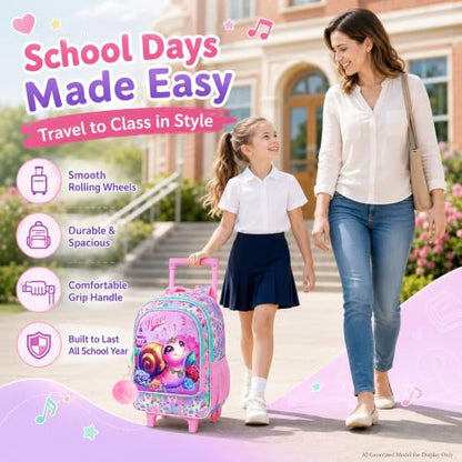 3Pcs Rolling Backpack for Girls, Kids Roller School Backpack with Wheels, Snail Wheeled Bookbag for Elementary Preschool Kindergarten(Pink) - color: Snail Pink