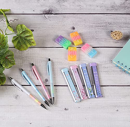 0.9 mm Mechanical Pencil Set Including 4 pcs Mechanical Pencils with 4 Tubes HB Lead Refills and 4pcs Erasers for Writing Draft, Drawing, Sketch, Architecture - color: 02330