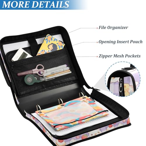 Kawaii Cartoon Zipper Binder 3 Ring Binder 1.5 Inch with Zippers Shoulder Strap & Handle Binders Organizer Bag - color: Blue Plaid