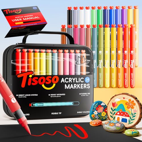 Tisoso 24 Colors Acrylic Paint Markers with Canvas Bag, Water-Based No-Bleed Paint Pens with Automatic Ink Control, Waterproof Brush Tip Markers for DIY Art & Crafts -Rock, Wood, Fabric,Glass, Metal - color: 24 Colors