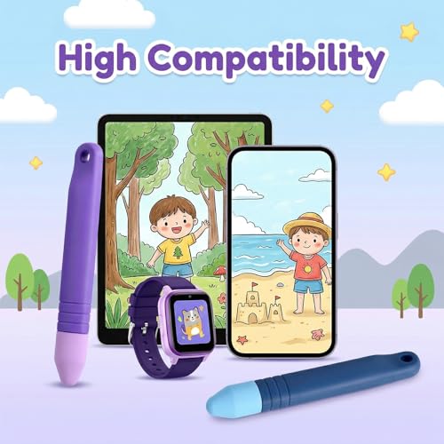 2Pcs Kid Stylus Pens, Kid-Friendly Stylus Pen for Touch Screens with Tether Compatible with Tablets and All Touch Screen Devices (Blue+Purple)