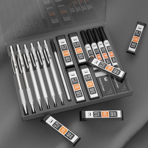 Mr. Pen- Metal Mechanical Pencil Set with Lead Refills & Erasers, 6 Pack | 5 Sizes, 0.3, 0.5, 0.7, 0.9 & 2mm, 8x Tubes Lead Refills & 2x Erasers for School Supplies, Note Taking, Fathers Day Gift