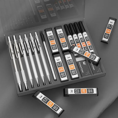 Mr. Pen- Metal Mechanical Pencil Set with Lead Refills & Erasers, 6 Pack | 5 Sizes, 0.3, 0.5, 0.7, 0.9 & 2mm, 8x Tubes Lead Refills & 2x Erasers for School Supplies, Note Taking, Fathers Day Gift