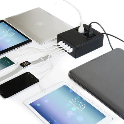 Power Hub Charging Station - Charge Up to 7 Devices Using Only One Wall Outlet | 5-USB Ports and 2-AC Ports | Attractive Dependable Table Charger |Black Leatherette