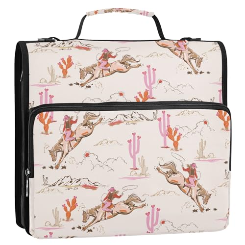 Western Cowgirl Cactus Pink Zipper Binder Bag 3 Ring with Shoulder Strap Zippered Binder Fits 13 Inch Laptop File Folder Document Organizer for College Office Supplies - color: Western Cowgirl Cactus Pink