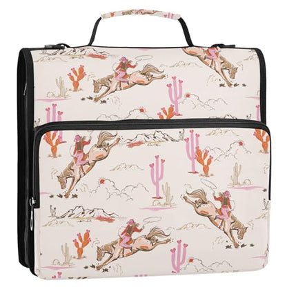 Western Cowgirl Cactus Pink Zipper Binder Bag 3 Ring with Shoulder Strap Zippered Binder Fits 13 Inch Laptop File Folder Document Organizer for College Office Supplies - color: Western Cowgirl Cactus Pink