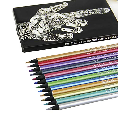12 Artists Metallic Colored Pencils, Coloring Wooden Pencils Set Color Graphic Drawing Pencils for Artists Kids Adults Sketching Art Craft Tool Back to School Gift