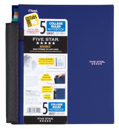 Five Star Notebook, 5-Subject, College Ruled, 200 Sheets, 8-1/2 x 11 Inches, Assorted (8192)