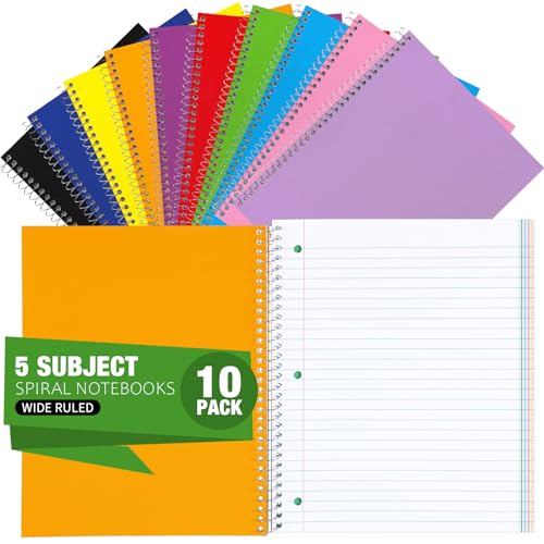 Fulmoon 10 Pcs 5 Subject Notebook Spiral Notebooks for School Office Hardcover Spiral Lined Notebook for Work, 240 Pages/ 120 Sheets, 8 x 10-1/2", 3 Hole Punched, 4 Removable Dividers(11/32 inch) - size: 11/ 32 inch