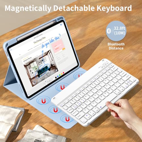 kenke for iPad 11/10th Gen Case with Keyboard 11/10.9 inch 2025 A16/2022, Detachable Wireless Bluetooth Keyboard Case with Bulit-in Pencil Holder, White Square Keycaps (Blue) - color: Blue