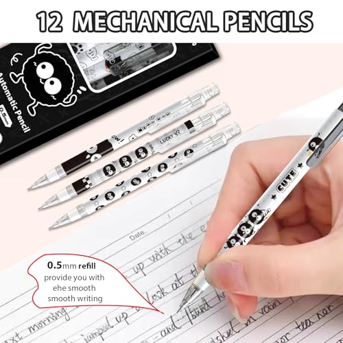 12Pcs Cute Black Mechanical Pencils with Eraser 0.5mm Kawaii Cartoon Mechanical Pencil School Pencil Gifts for Women Man - style: 2 cute