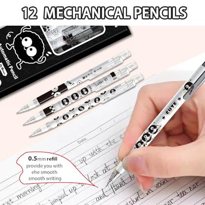 12Pcs Cute Black Mechanical Pencils with Eraser 0.5mm Kawaii Cartoon Mechanical Pencil School Pencil Gifts for Women Man - style: 2 cute