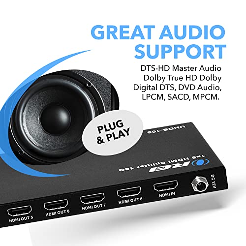 OREI 4K 1 in 8 Out HDMI Splitter 4:4:4 8-bit - HDMI 2.0, HDCP 2.2, 18 Gbps, 4K @ 60Hz HDMI Duplicator/Distributor UltaHD High Resolution (UHDS-108) (1x8) | OREI 1x8 2.0 HDMI Splitter 1 in 8 Out Ports With Full UltraHD 4K@60Hz, HDCP 2.2, 3D Support, EDID C