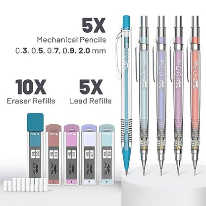 Mr. Pen- Pastel Mechanical Pencil Set, 5 Mechanical Pencils (0.3, 0.5, 0.7 | 0.9, 2.0mm), 5 HB Lead Refills & 10 Eraser Refills, Precision Drawing Pencils for Sketching, Writing & Technical Artwork - color: Clear Barrel