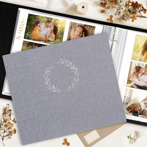 Lanpn Photo Album Scrapbook 12x12, Linen Cover Wreath Design Top Load 3 Ring Folder Binder Photobook Photo Book 12 x 12 inch with 30 Plastic Sleeves 60 Pages Grey - color: Grey, size: 12x12"