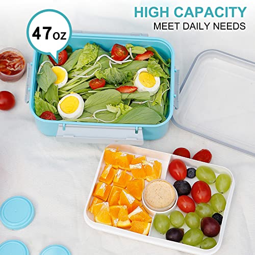 3 Pack Salad Lunch Box Food Storage Containers, 47oz Bento Box To Go Container with Lids, Meal Prep Containers with Removable Tray & Dressing Pots for Kids and Adults, Reusable and Microwave Safe - color: Blue & Blue & Blue