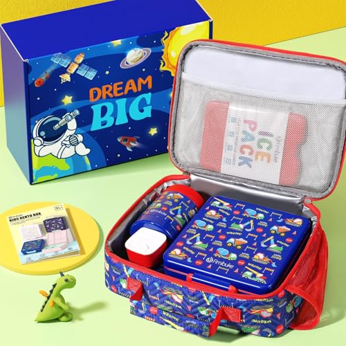 Fimibuke Kids Bento Snack Lunch Box with Thermo Insulated Toddler Lunch Bag | Lunch Box Kids with 4 Compartment, Food Jar, Ice Pack, Utensils, Birthday Gifts for Ages 3-12 Back to School Toddler Girl Boy - color: A8.Trucks