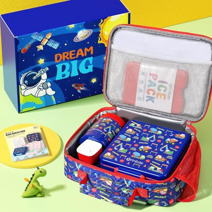 Fimibuke Kids Bento Snack Lunch Box with Thermo Insulated Toddler Lunch Bag | Lunch Box Kids with 4 Compartment, Food Jar, Ice Pack, Utensils, Birthday Gifts for Ages 3-12 Back to School Toddler Girl Boy - color: A8.Trucks