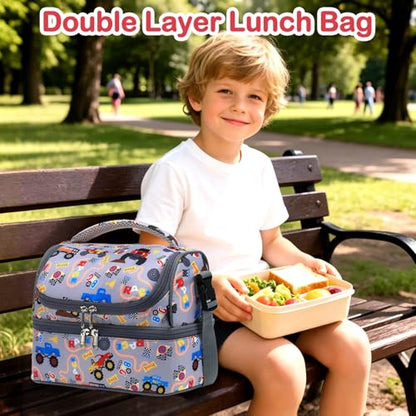 FlowFly Double Decker Cooler Insulated Lunch Bag Large Tote for Boys, Girls, Men, Women, With Adjustable Strap (Truck) - color: Truck