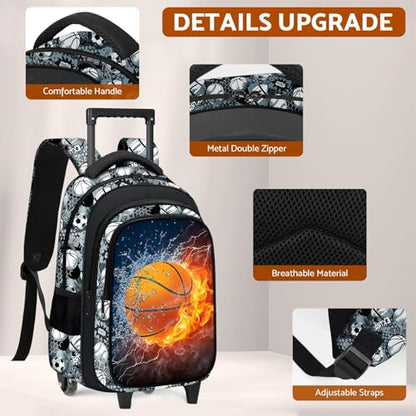 Boys Rolling Backpack for Kids - Basketball Kids Rolling Backpack with Wheels for Elementary Middle School Students - Sport Roller School Bookbag Aged 6-18, Wheeled Travel Bag Large Capacity - color: Basketball-001-backpack Only