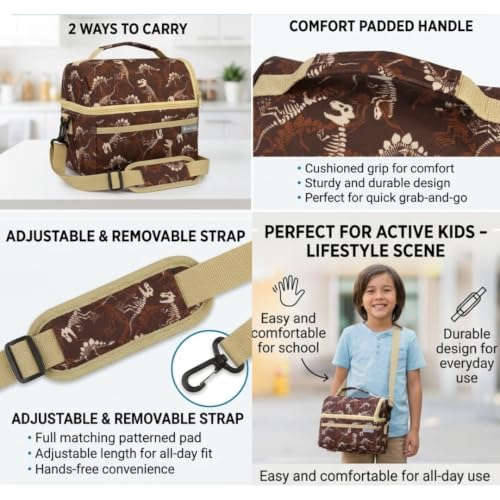 Bentology Dinosaur Lunch Bag for Kids, Reusable Insulated Lunch Box with Strap, Durable Brown School Cooler Tote for Boys & Girls, Take Out Lunch Pail with Handle, Zipper Compartments, Dino Print - color: Dinosaur