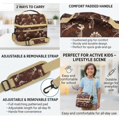 Bentology Dinosaur Lunch Bag for Kids, Reusable Insulated Lunch Box with Strap, Durable Brown School Cooler Tote for Boys & Girls, Take Out Lunch Pail with Handle, Zipper Compartments, Dino Print - color: Dinosaur