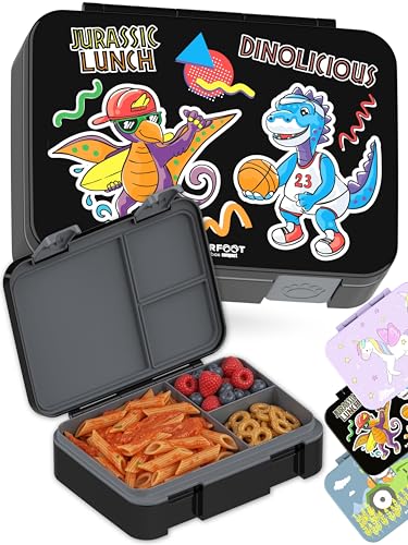 BEARFOOT Kids Lunch Box with Compartments – Compact & Lightweight | Leak-Proof, BPA-Free, Dishwasher Safe | Hand-Drawn Design for Preschool, School, Travel (Dinos Black, 4 Cups) - color: Dinos-Black, size: 4 Cups