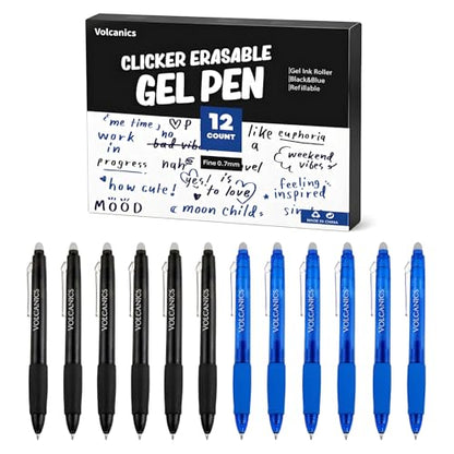 Volcanics Retractable Clicker Erasable Gel Pens - 0.7mm Ball Point, Heat Erase with Built-in Eraser, 12 Pack Soft Black and Blue - color: Blue and Black