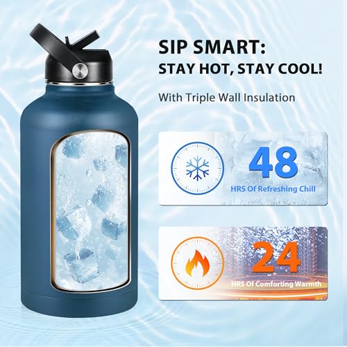 Insulated Water Bottle 64 oz, Triple Wall Vacuum Stainless Steel Water Bottles (Cold for 48 Hrs), Leak Proof & Non-BPA, Half Gallon Water Flask Jug Wide Mouth Straw Lid & Spout Lid - color: Cobalt, size: 64 Ounces