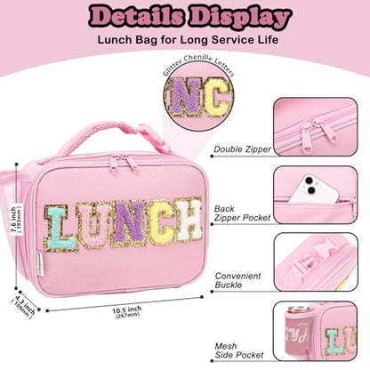 FlowFly Kids Lunch Bag, Durable Insulated School Lunch Box with Bottle Holder, Water-resistant Thermal Small Lunch Cooler Tote for Teen Boys & Girls,PinkWithLetter - color: PinkWithLetter