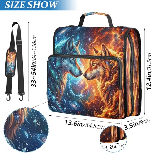 Blue Orange Flame Space Wolf 3 D-Ring 2 inch Zipper Binder Bag with Shoulder Strap, Multi-Pocket Portfolio Organizer Case for 13 Inch Laptop Middle School