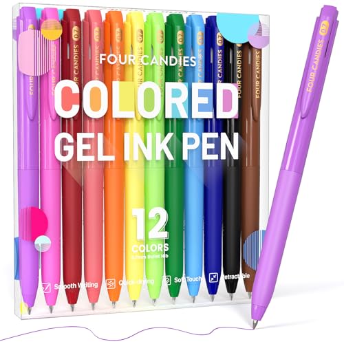 Four Candies Quick Dry Ink Colorful Pens Set, 12 Colors | 0.7mm Fine Point Colored Pens for Note Taking & Drawing, Colored Gel Pens with Comfort Grip for Office & School Supplies