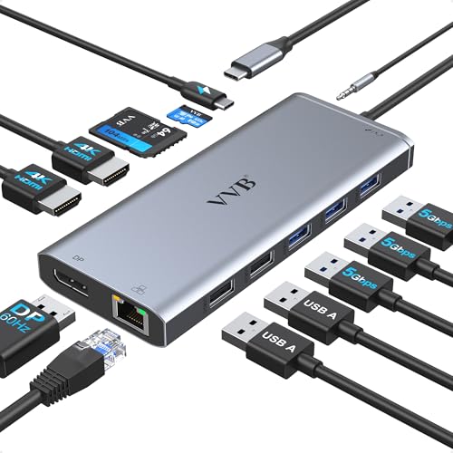 USB C Laptop Docking Station Dual Monitor HDMI for Dell/HP/Lenovo Laptop Type C Hub Multiport Adapter Dongle Dock,USB C to 2 HDMI+DisplayPort DP+Ethernet+100W USB C Power Charge Port+5USB+SD/TF+Audio - size: 5 inches