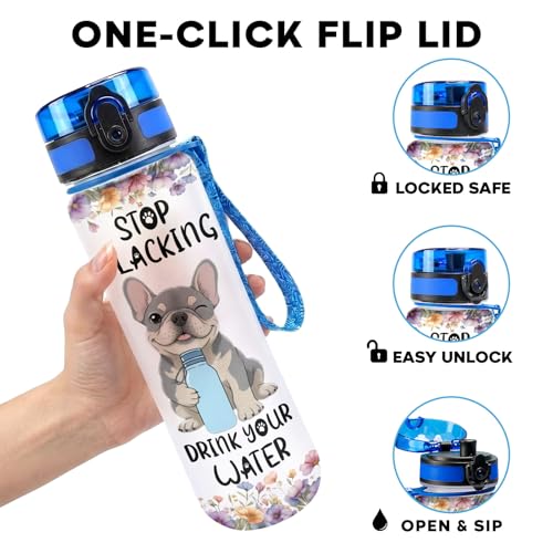 34HD French Bulldog Water Bottle with Time Marker & Straw 32 oz, Stop Slacking Drink Your Water Dog, Birthday Gift for Frenchie Lovers and Pet Owners - color: White Blue