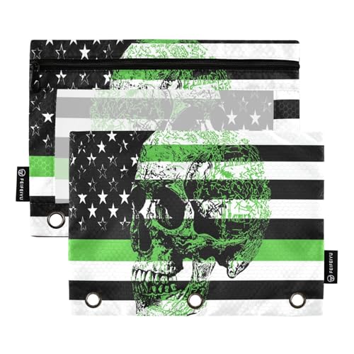 American Flag Green Skull Pencil Pouch for 3 Ring Binder Pencil Pouches with Zippers Clear Window Binder Pockets Pencil Bags for Work Office Daily 2 Packs - color: Multicolored-american Flag Green Skull