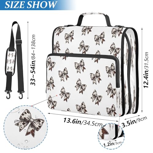 Kigai Cow Print Bows 3 Ring Zipper Binder with Handle & Shoulder Strap Expanding File Multiple Pockets Binder Organizer - color: Cow Print Bow