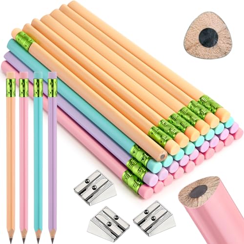 Fainne 48 Pcs Fat Pencils Jumbo Big Thick Large Pencils and 3 Pieces Sharpeners for Kids Beginners Preschoolers Kindergarten School Office Supplies(Pastel Color,Triangle) - color: Pastel Color, style: Triangle