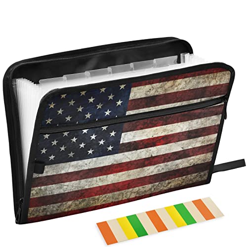 Grungy USA Flag 13 Pockets Expanding File Folder with Sticky Labels Accordion File Folder Document Organizer Letter Size A4 Papers Expandable File Keeper - color: Multicolor 1
