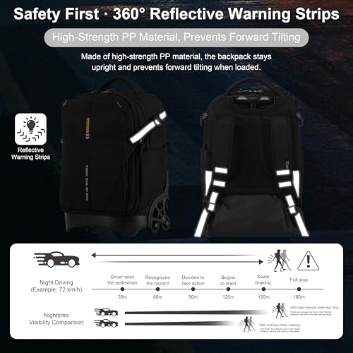 NEW TILAMI 18 Inch Expandable Rolling Backpack with 6-Wheel Stair Climbing, Waterproof Wheeled School Bag with 15.6" Laptop Sleeve for Boys Girls, Carry-on Luggage 98cm Dual-Height Handle - Black - color: Black